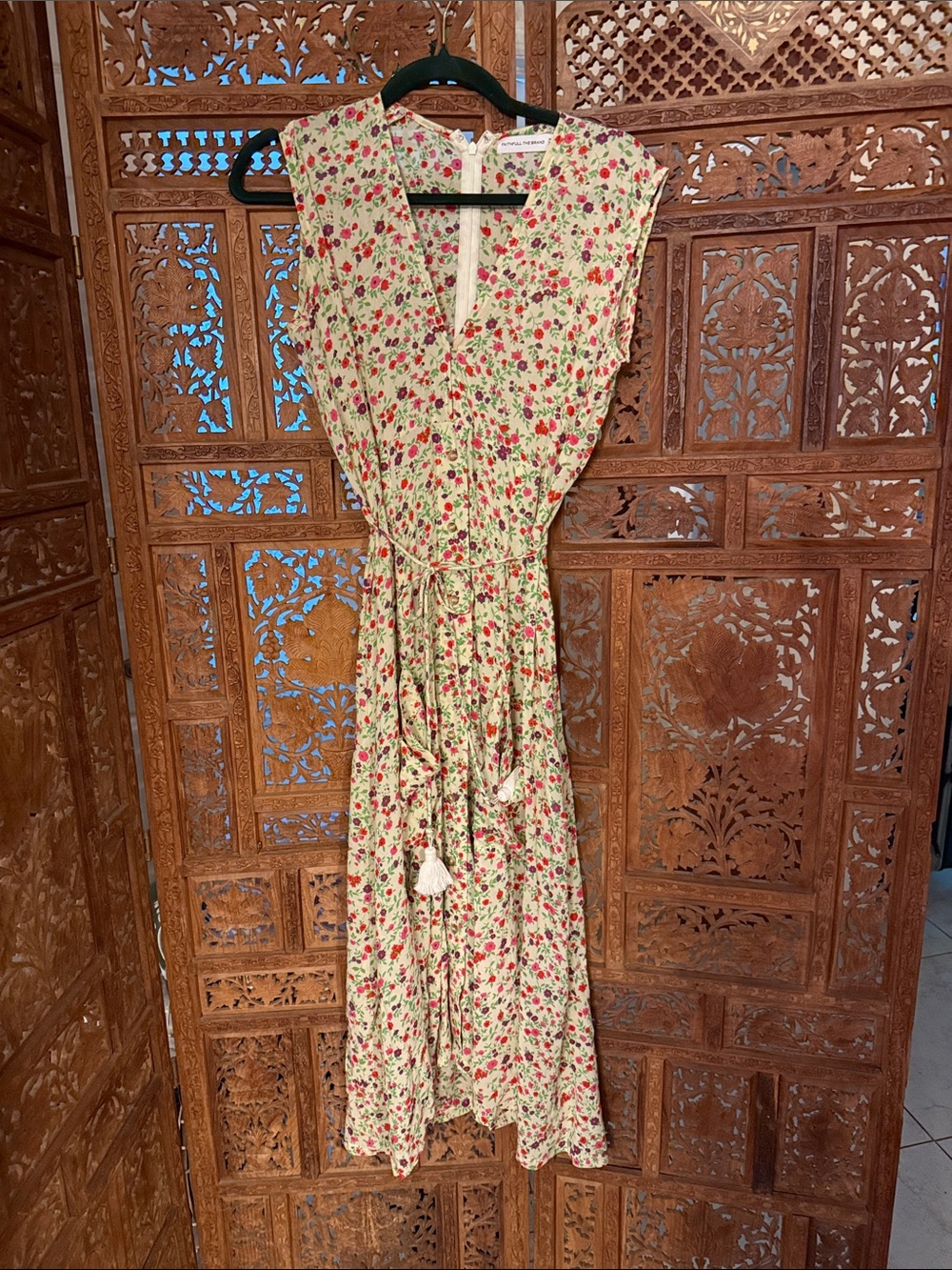 Faithfull the Brand Cream Maxi Dress with Red Floral Print